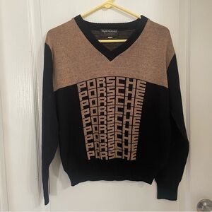 Rare PORSCHE 1970’s Style Auto LTD Black and Tan V-Neck Men's Sweater Size Med